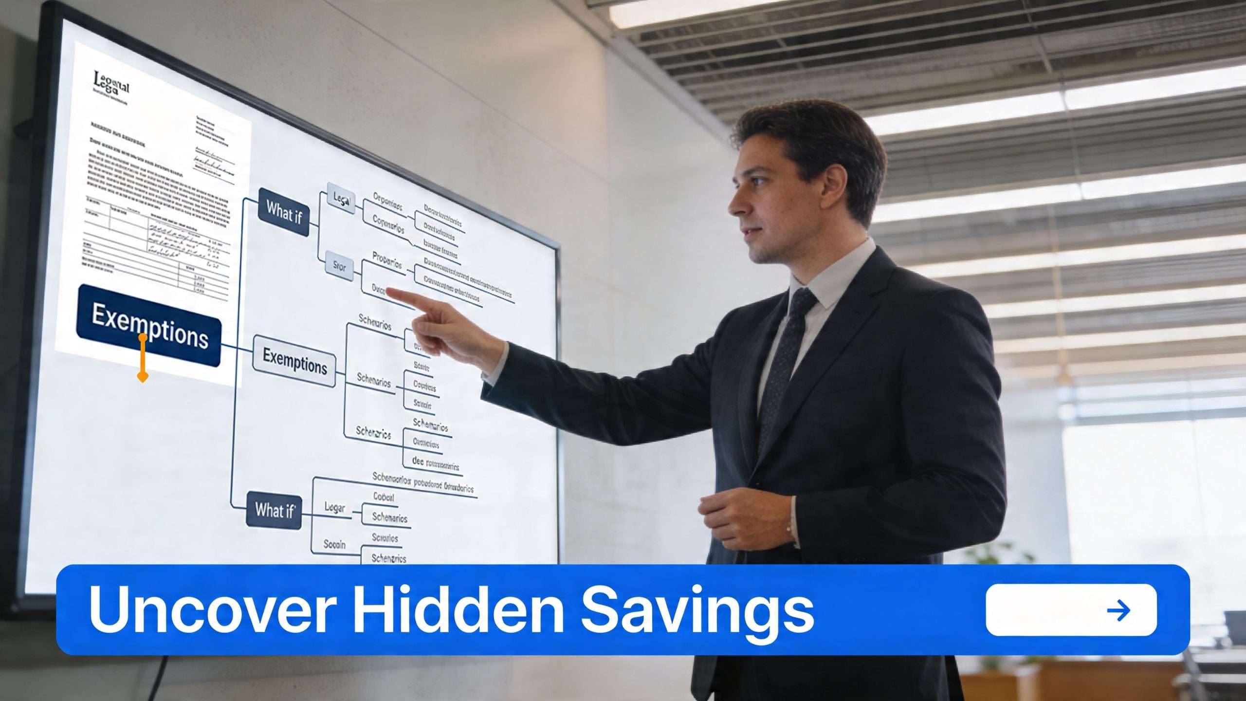 A professional man in a suit presenting a strategy flowchart on a large monitor during a business meeting.