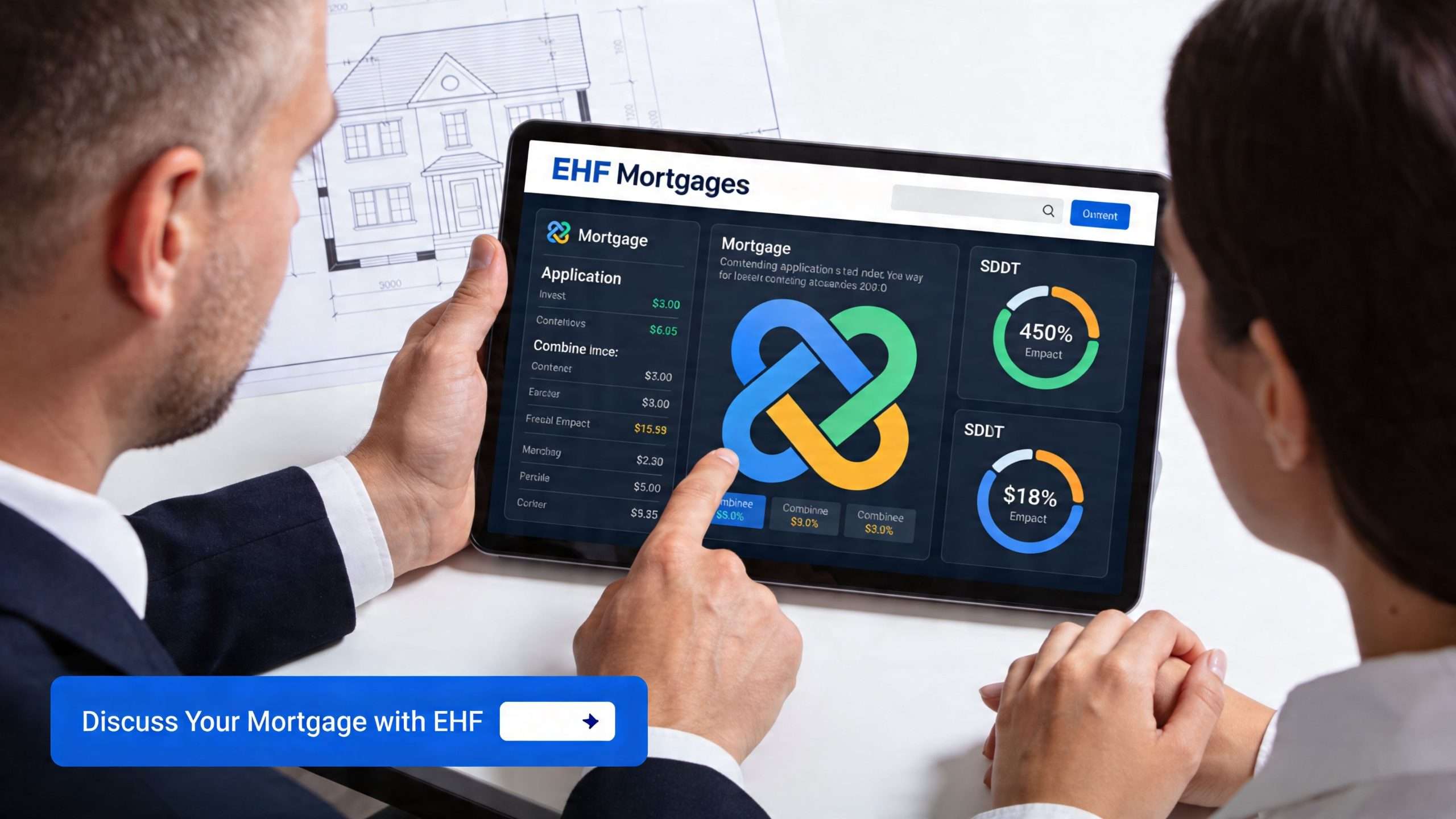A professional couple analyzes financial mortgage data and investment statistics on a tablet screen in an office.