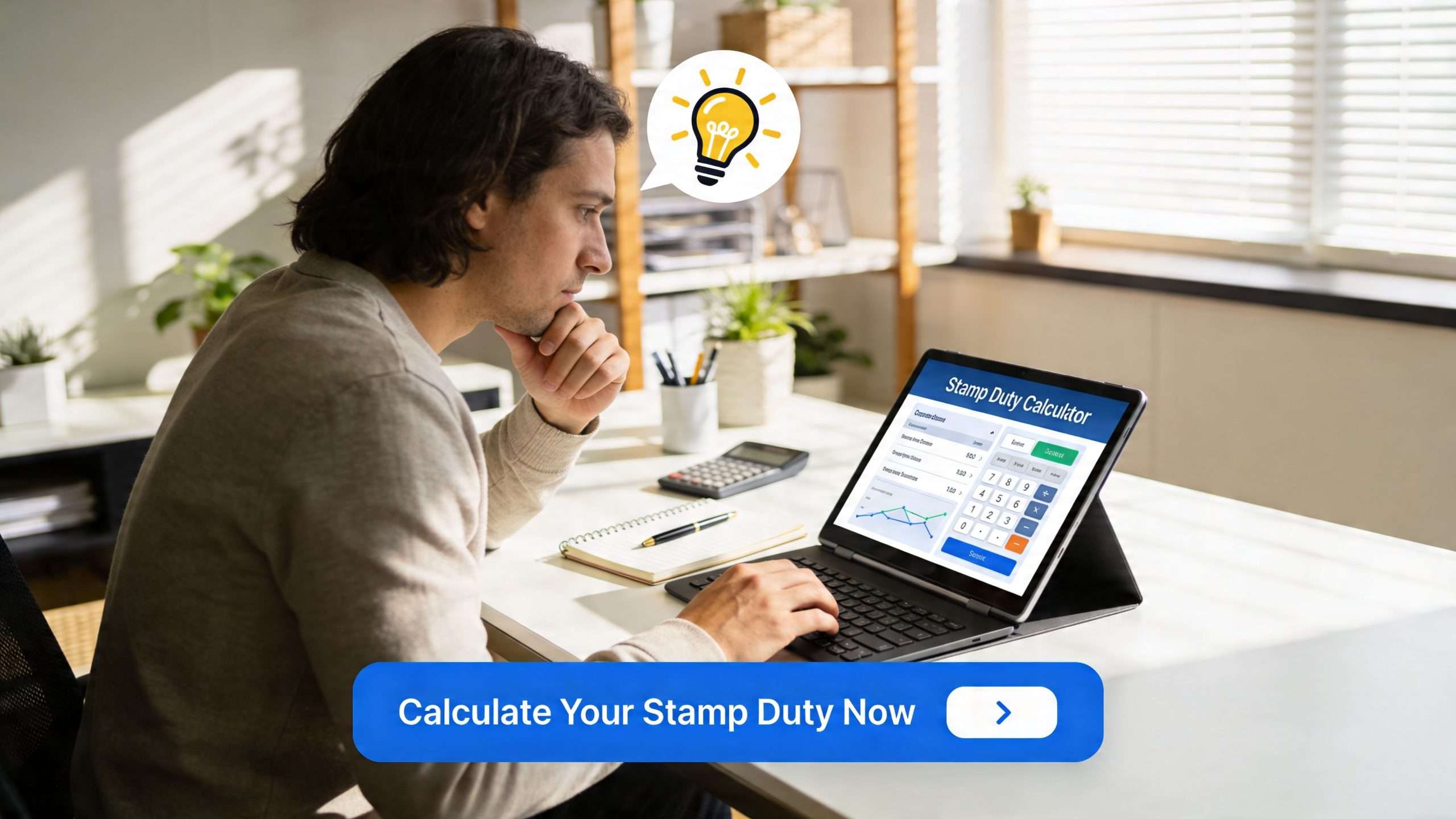 A man sitting at a desk thoughtfully looking at a stamp duty calculator on his tablet screen.