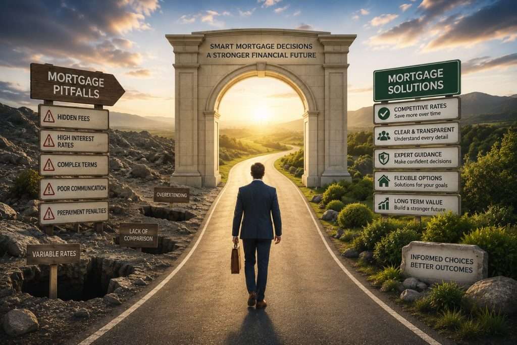 A businessman walking on a road towards a gateway, representing navigation through mortgage pitfalls and solutions.