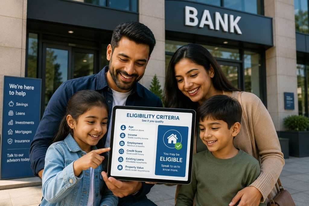 A happy family standing in front of a bank looking at eligibility criteria on a digital tablet.