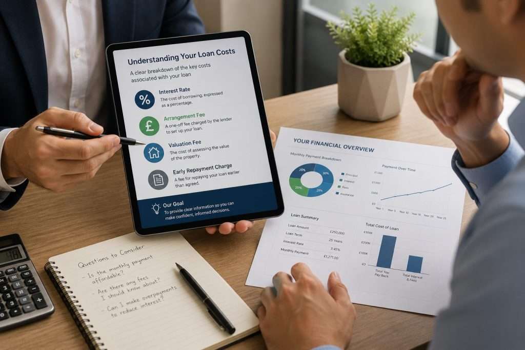 A person holds a tablet showing text about loan costs while a client reviews a financial chart.