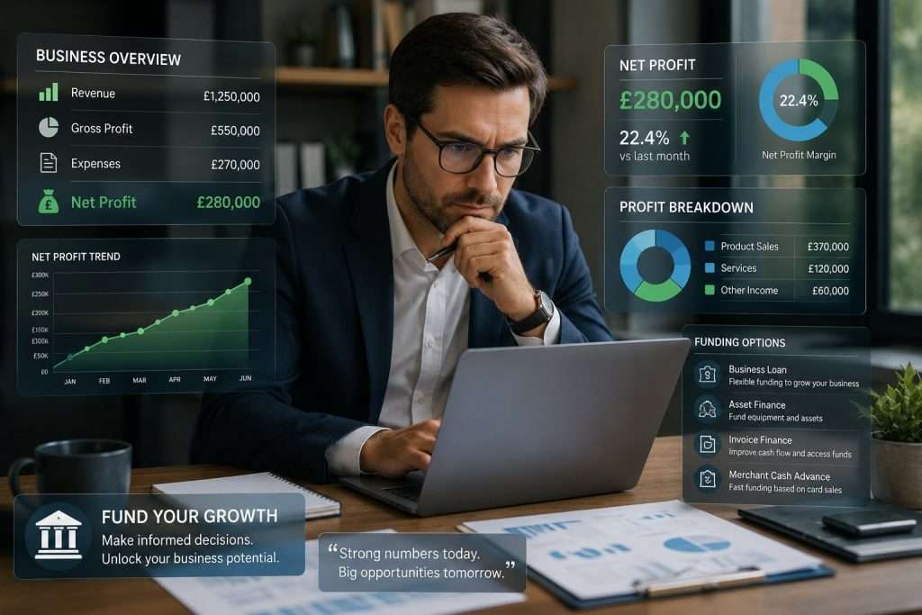 A professional man reviewing financial reports and net profit data on his laptop to seek business funding.