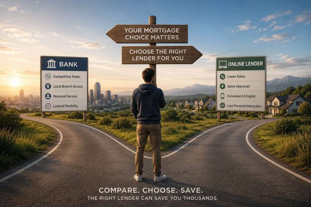 A young man standing at a road fork with signs comparing lenders for mortgage choices.