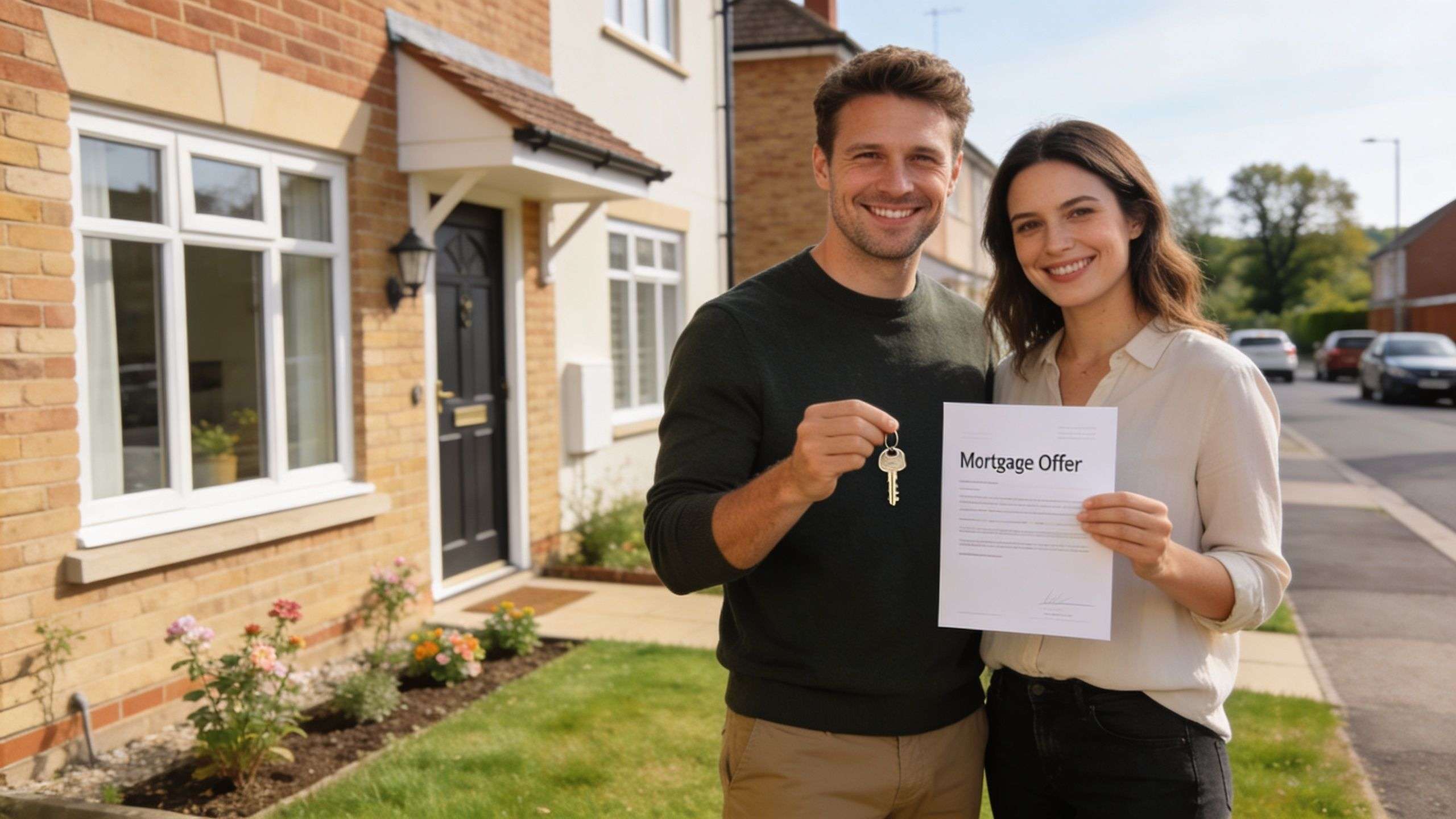 A happy couple stands in front of their new brick house holding a key and a mortgage offer.