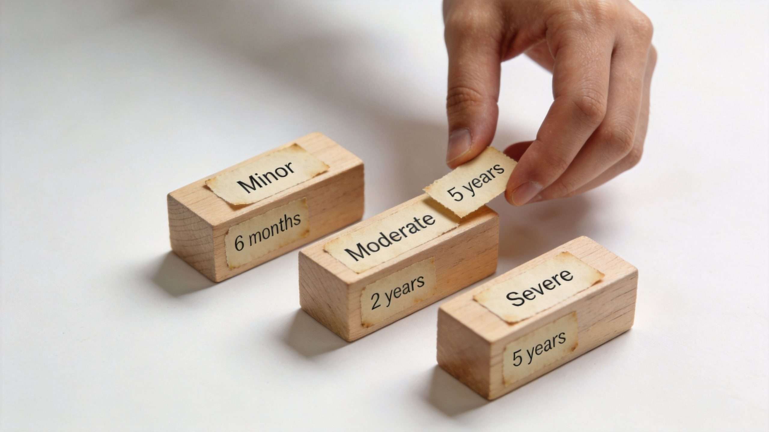 Hand placing a tag labeled 5 years on wooden blocks representing different levels of credit risk