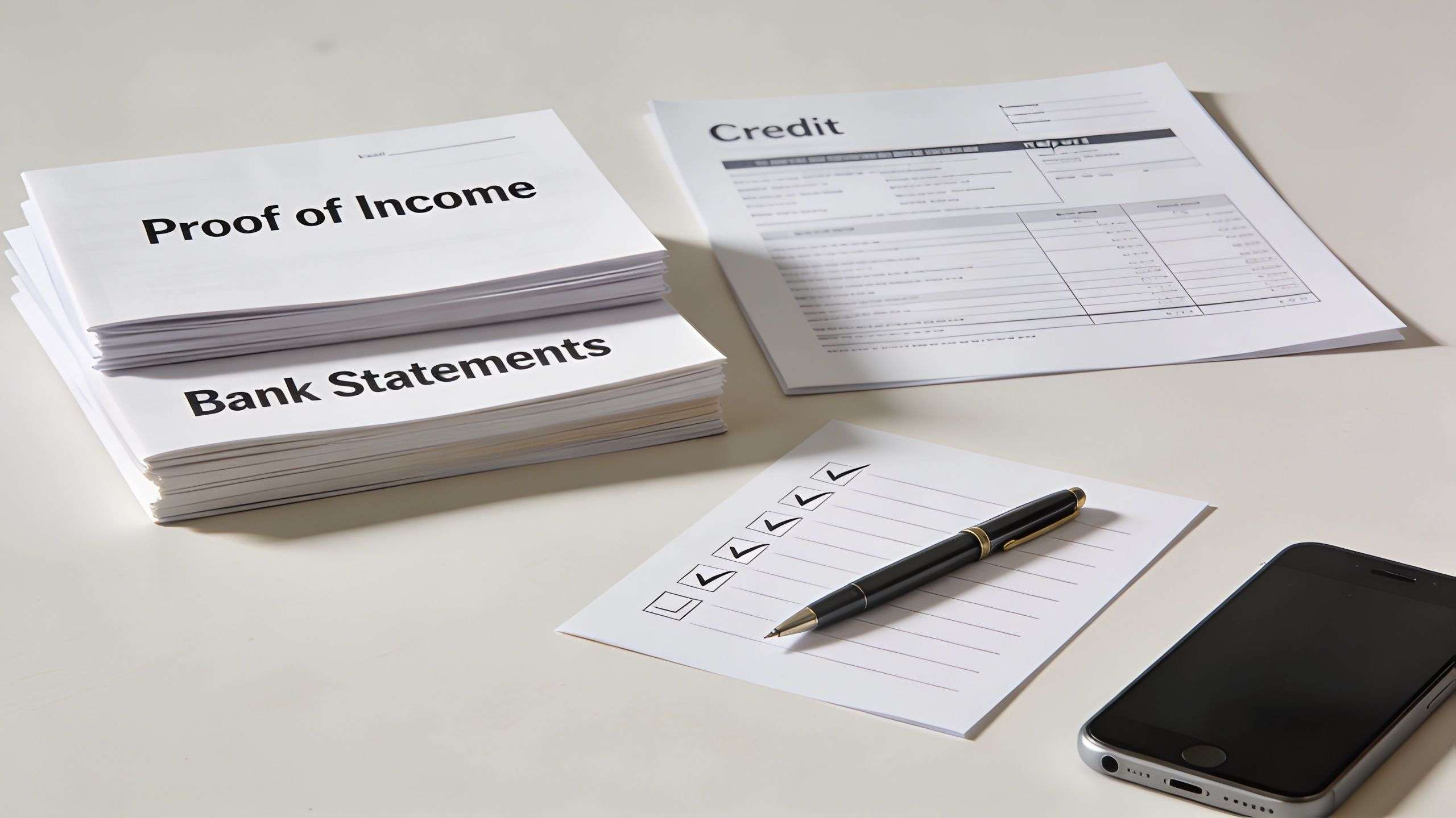 Stack of financial documents including proof of income and bank statements beside a credit form and pen.
