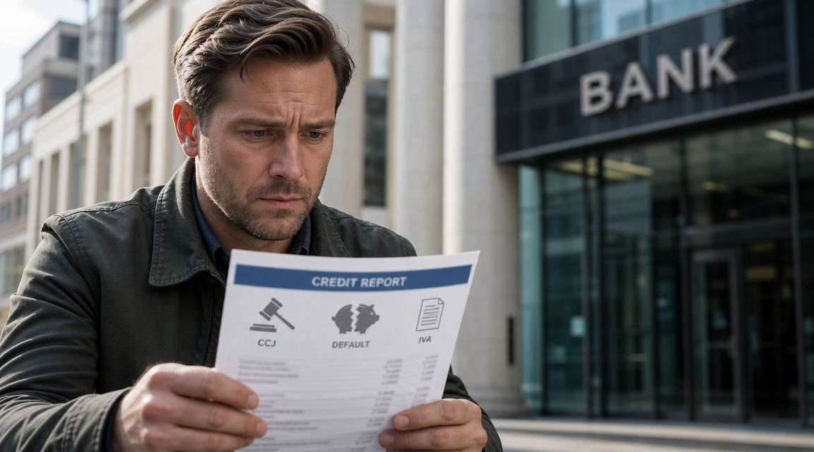 A concerned man holding a credit report document with debt indicators outside a bank building.