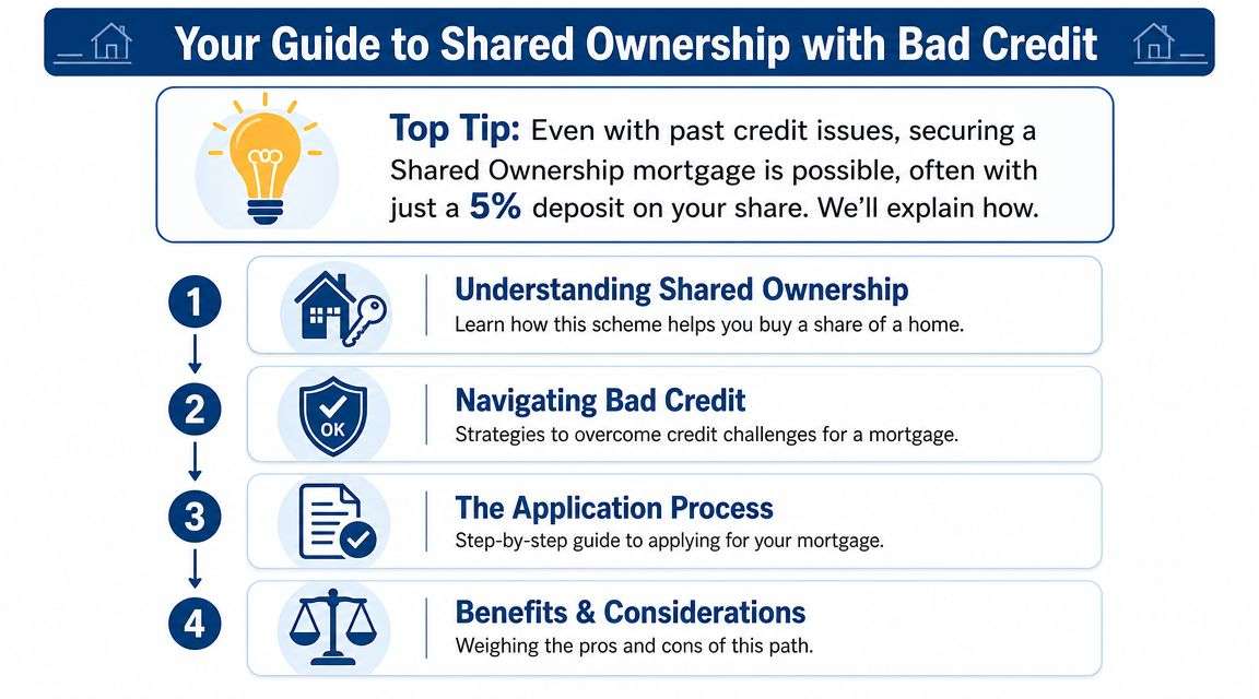 An infographic titled Your Guide to Shared Ownership with Bad Credit, outlining four steps for home buyers.