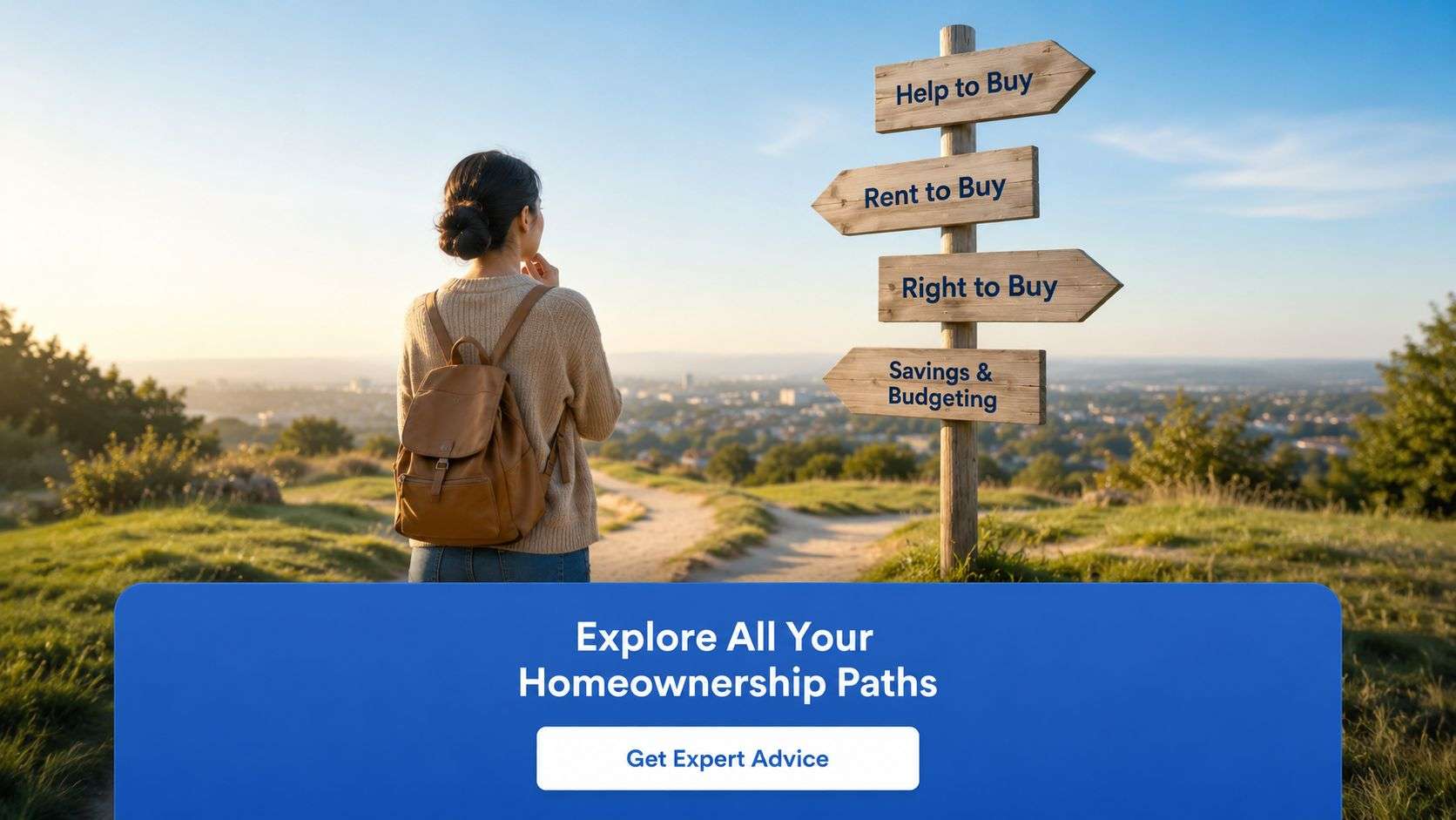 A young woman stands before a wooden signpost displaying various homeownership advice options like Help to Buy.