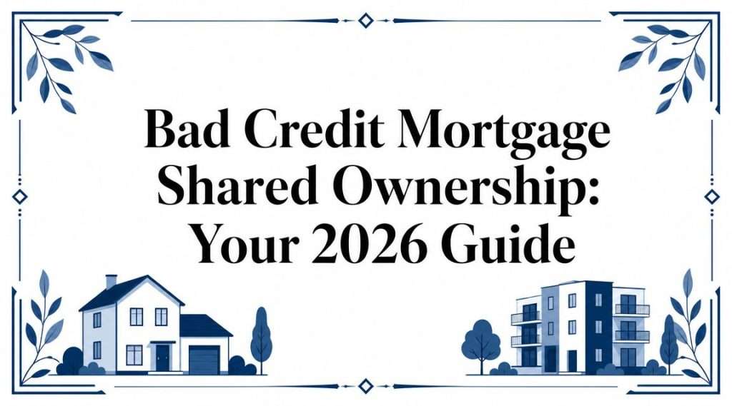 Decorative blue border with leaves framing a white page showing the headline 'Bad Credit Mortgage Shared Ownership: Your 2026 Guide' with a house on the left and a modern apartment building on the right.
