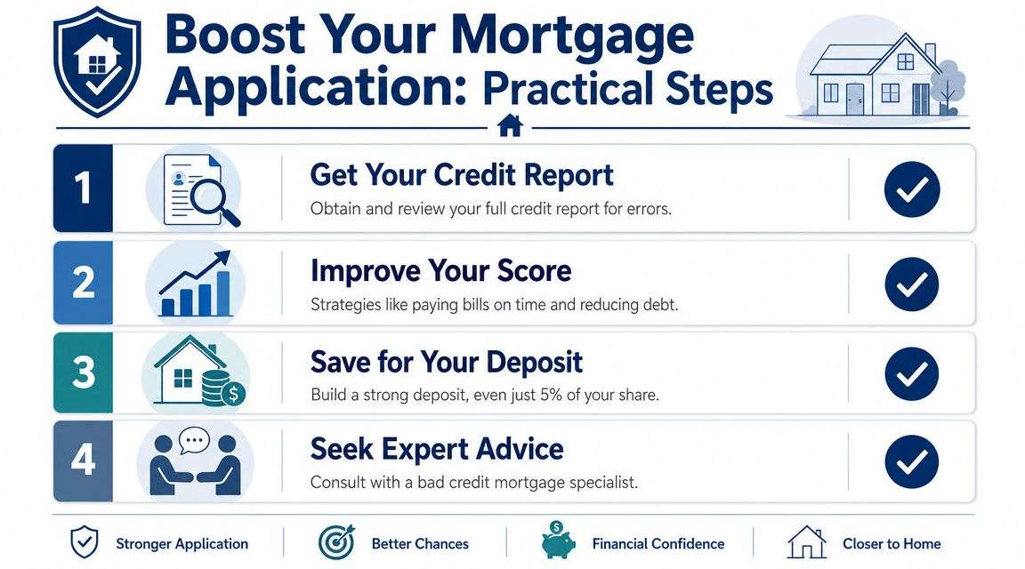 An infographic showing four practical steps to improve a mortgage application for those with bad credit.
