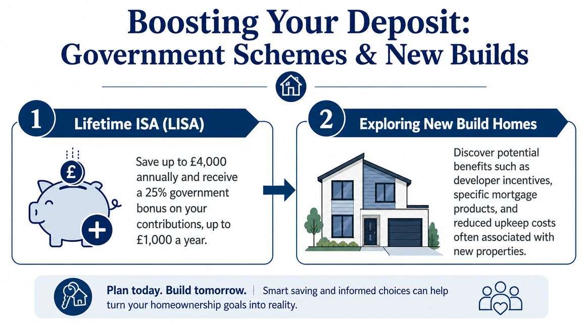 An infographic titled Boosting Your Deposit, detailing Lifetime ISA savings and benefits of purchasing new build homes.