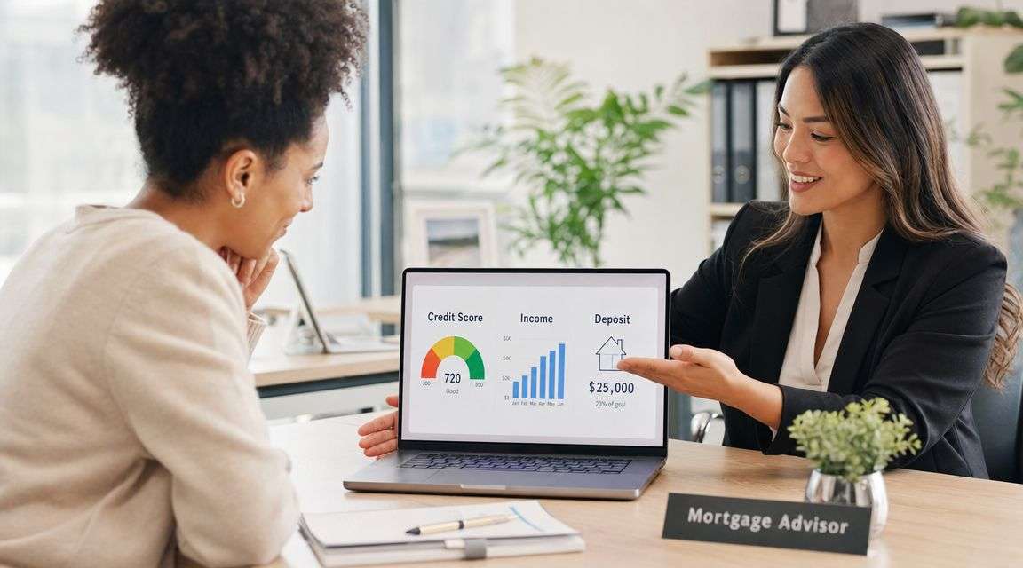 A professional mortgage advisor showing financial data and credit score progress on a laptop to a client.