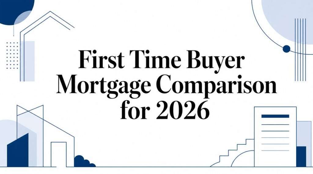 Hero banner reading 'First Time Buyer Mortgage Comparison for 2026' with abstract blue geometric shapes in the background.