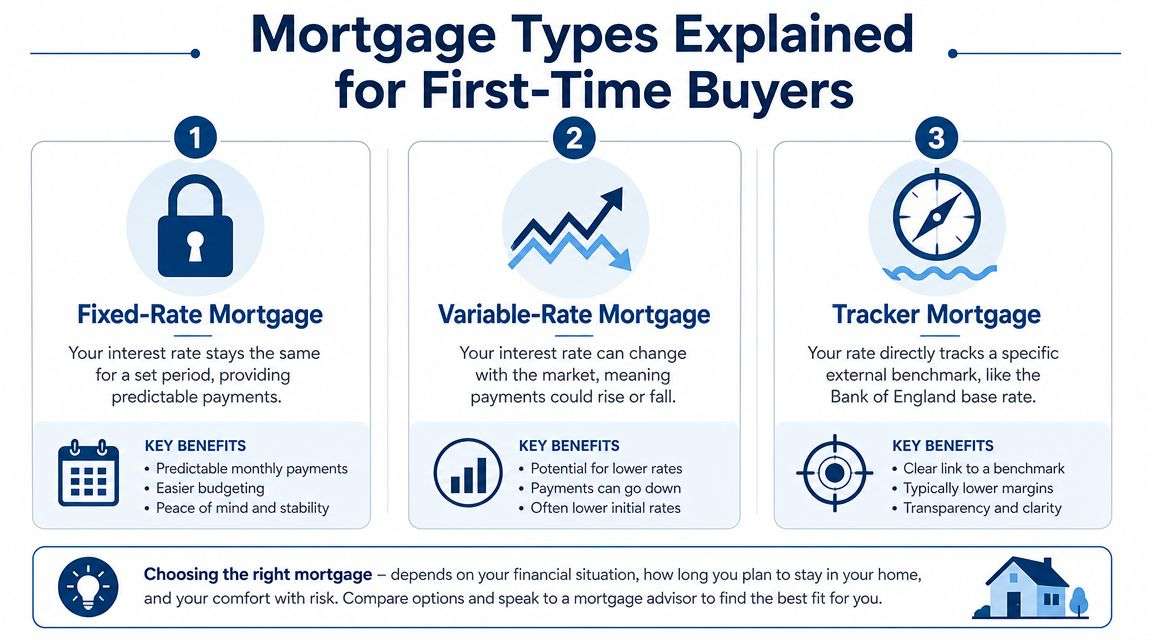 An infographic explaining three common mortgage types for first-time buyers: fixed-rate, variable-rate, and tracker mortgages.