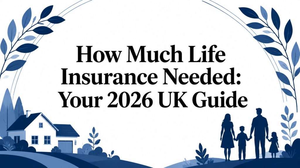 Blue decorative banner with a family silhouette and a house, title reads: How Much Life Insurance Needed: Your 2026 UK Guide (informational header).