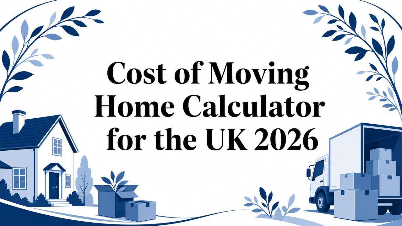 Banner graphic: 'Cost of Moving Home Calculator for the UK 2026' with a blue house on the left and a boxed moving truck on the right.
