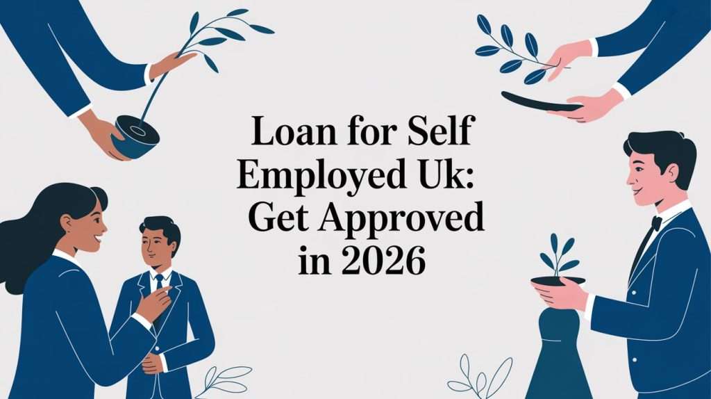 Illustration of professionals in blue suits around the message 'Loan for Self Employed UK: Get Approved in 2026'.