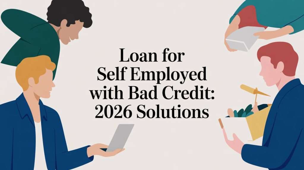 Illustration with four people around a central headline: 'Loan for Self Employed with Bad Credit: 2026 Solutions'.