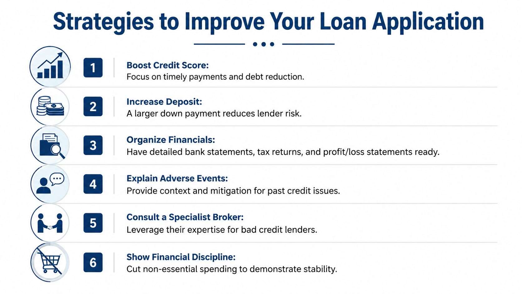 A six-point infographic titled Strategies to Improve Your Loan Application, detailing steps like boosting credit scores and financial discipline.