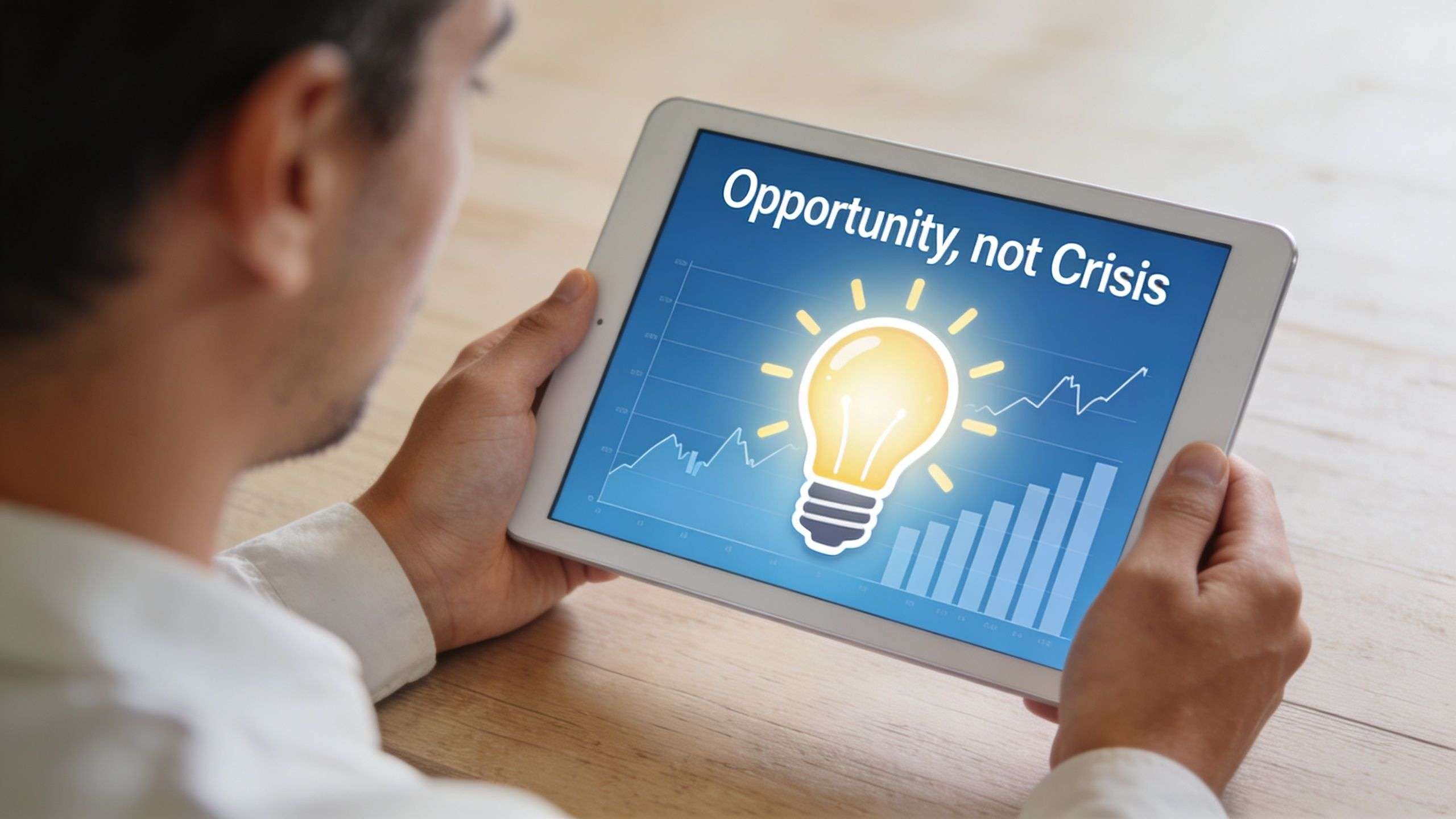A person looking at a tablet screen displaying a lightbulb icon and the text Opportunity not Crisis.