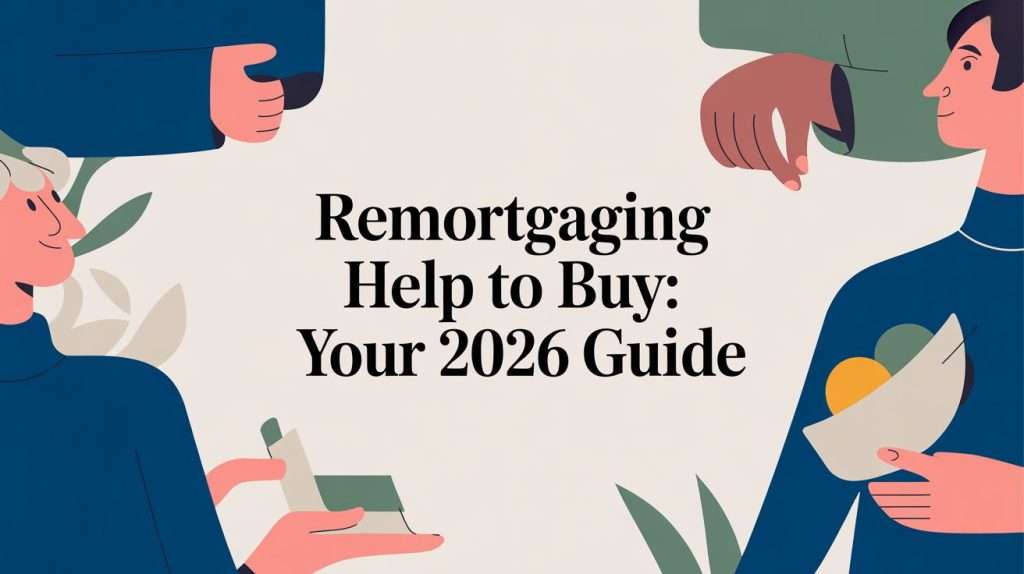 Promo banner for a 2026 guide on remortgaging and Help to Buy, with abstract figures around a beige background and bold title in the center.