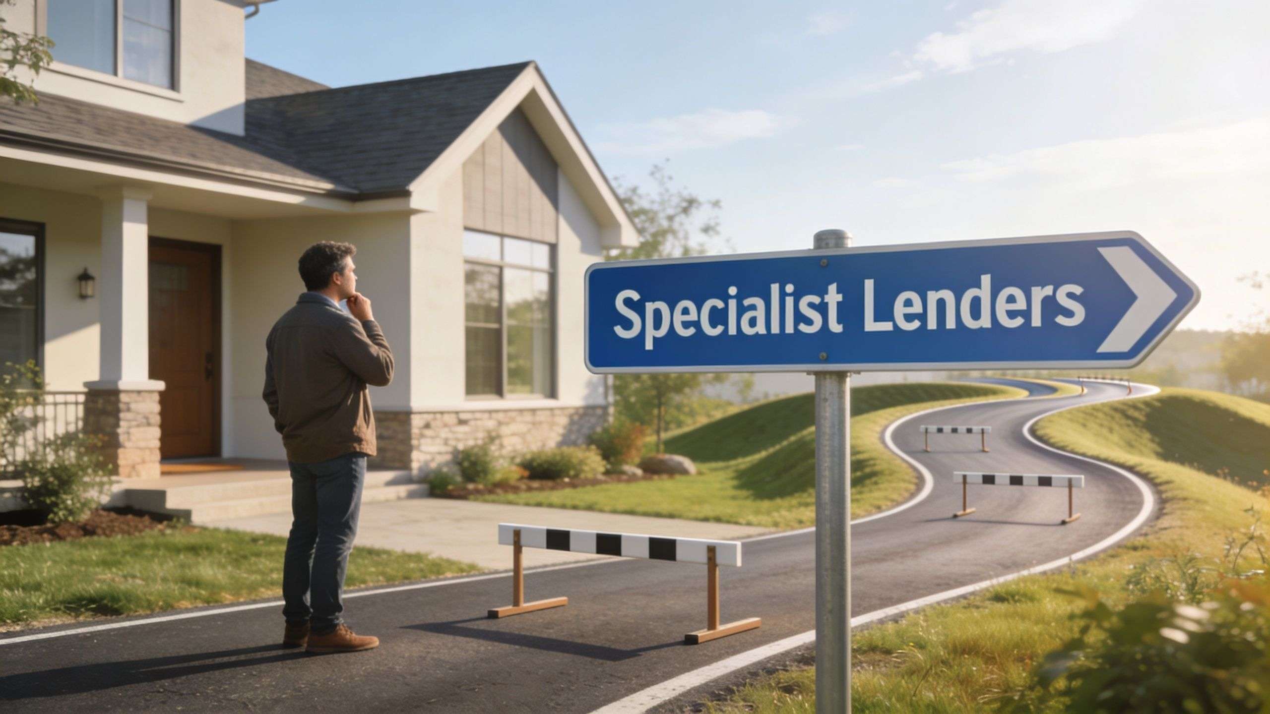 A man stands in front of a house looking at a sign pointing toward specialist lenders.