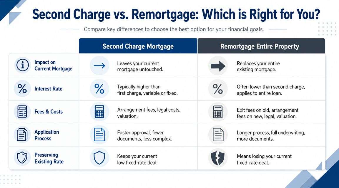 A comparison chart outlining the key differences between a second charge mortgage and remortgaging an entire property.