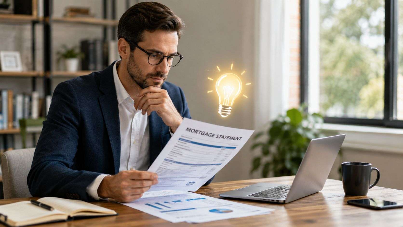 A professional man reviewing his mortgage statement documents while thinking about second charge mortgage rates.