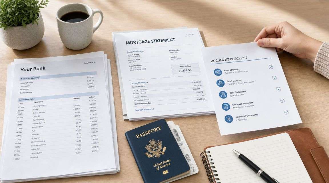 A person holds a document checklist over mortgage papers and a passport on a wooden desk.
