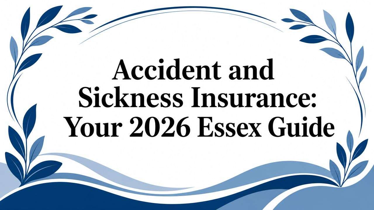 Cover image for a guide titled 'Accident and Sickness Insurance: Your 2026 Essex Guide' with blue leaf decor around the edges