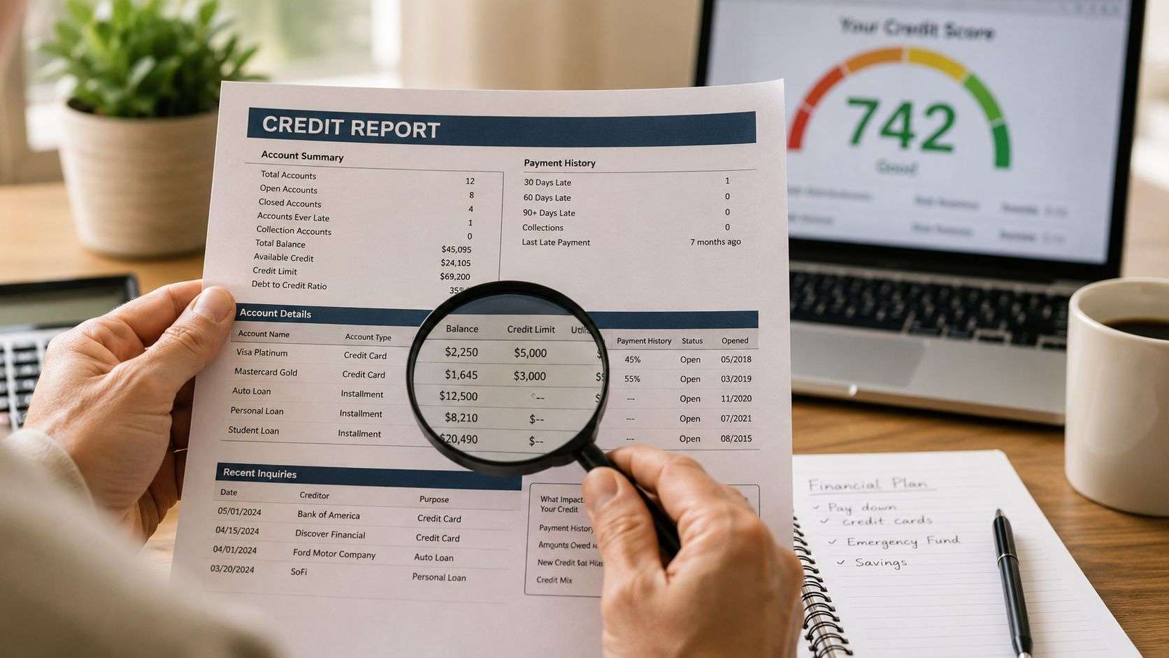 A person holding a magnifying glass over a credit report document showing financial account details.