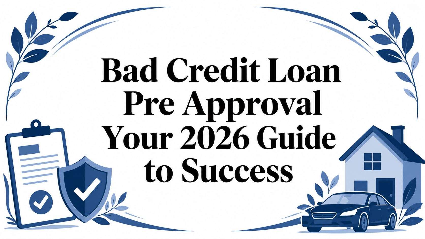 Cover image for a 2026 guide on bad credit loan pre-approval, featuring a blue house, car, shield and clipboard graphics with decorative blue leaves scrolls.
