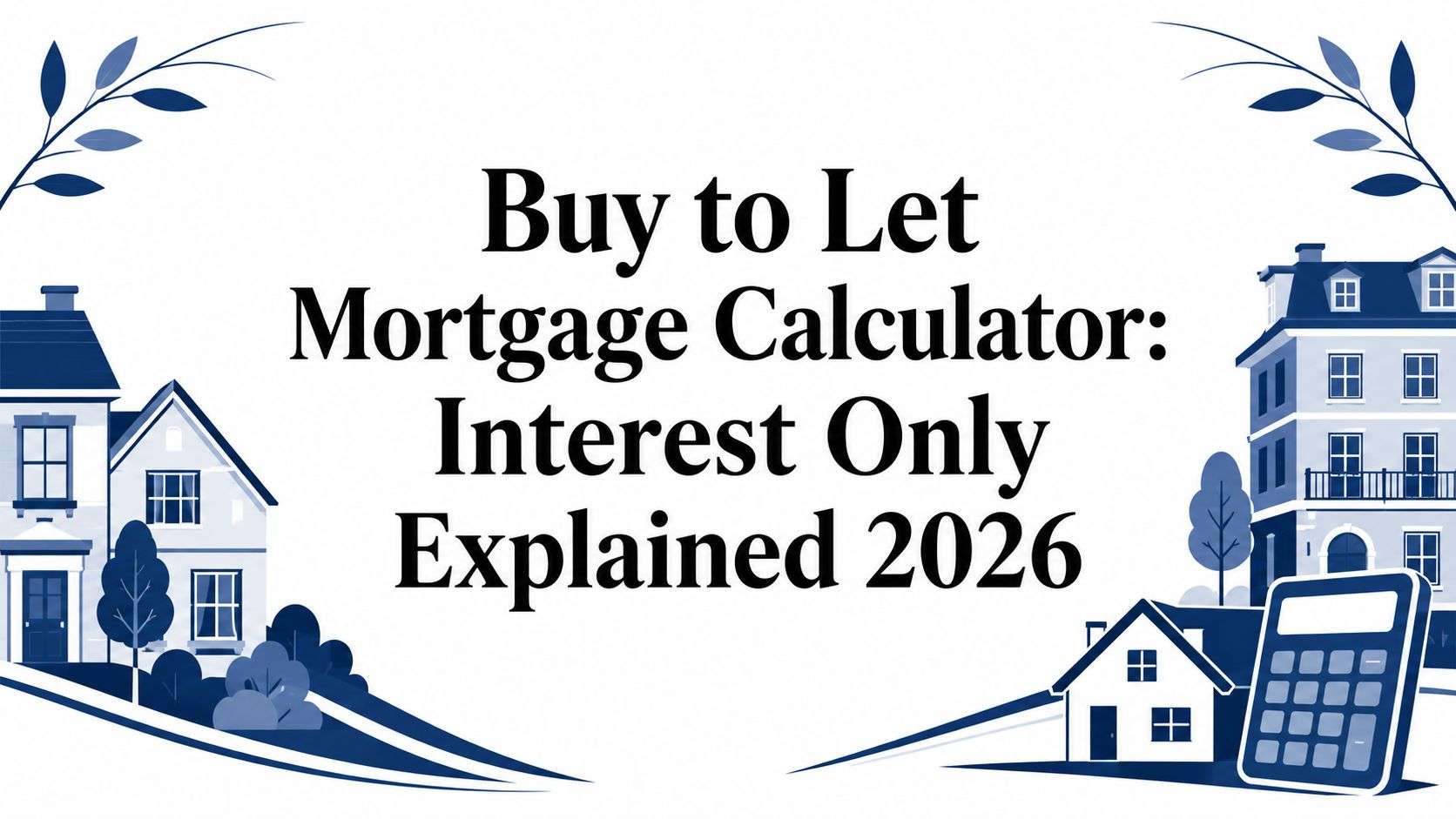 Banner with blue houses and leaves framing a bold title: 'Buy to Let Mortgage Calculator: Interest Only Explained 2026'.