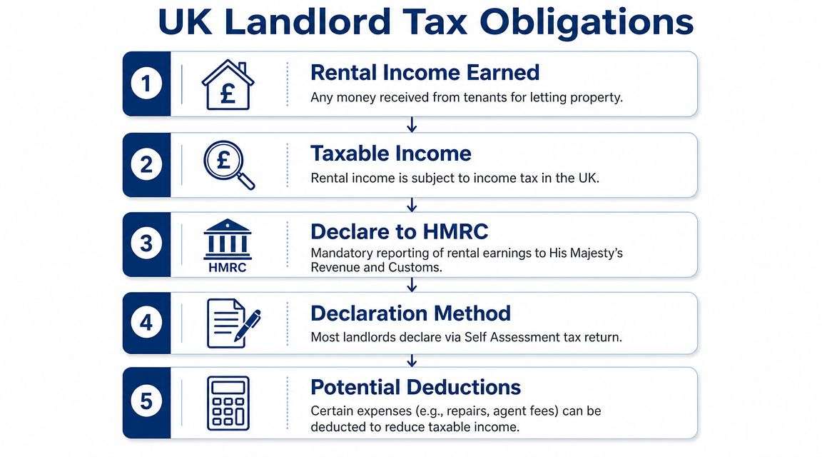 A five-step infographic explaining the tax obligations for UK landlords regarding rental income and HMRC declarations.
