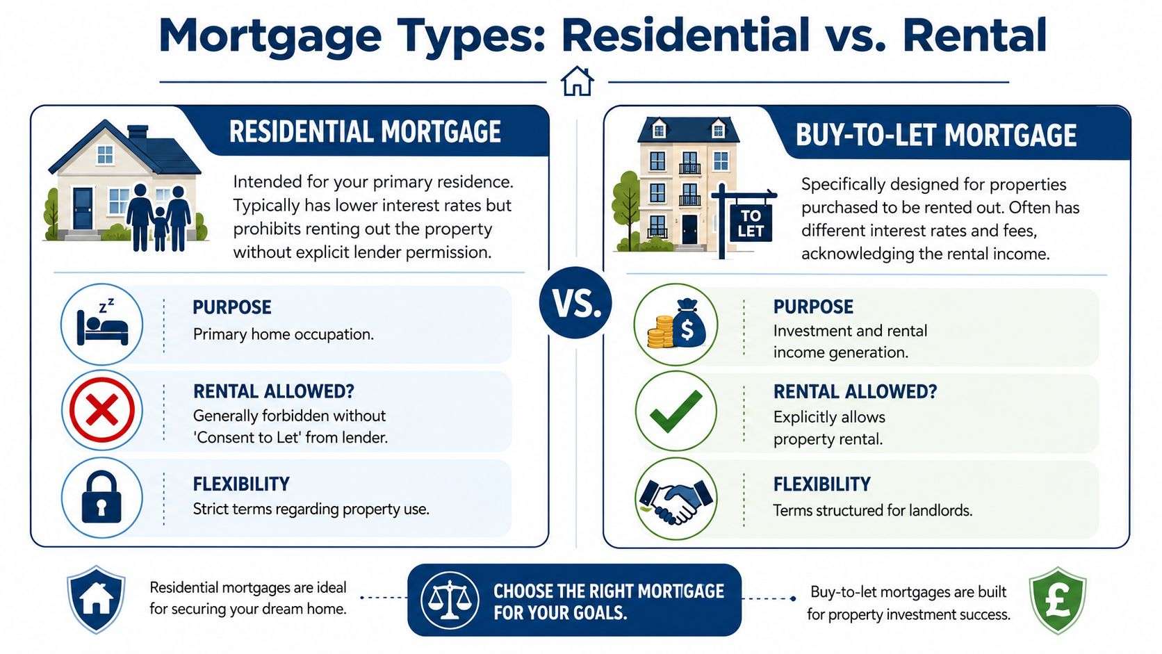 A comparison infographic between residential mortgages for primary homes and buy-to-let mortgages for property investment purposes.