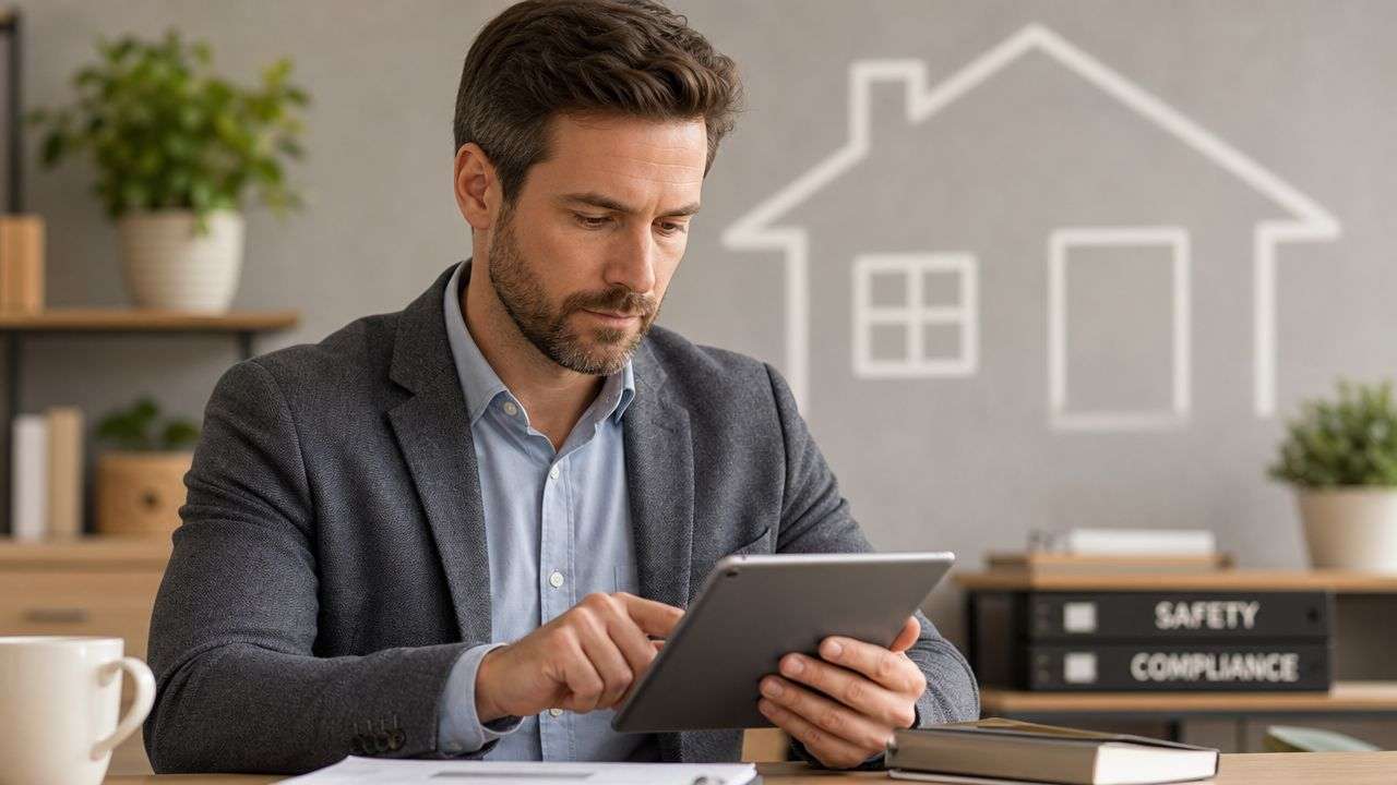A professional man reviewing property documents on a tablet in an office with house imagery.