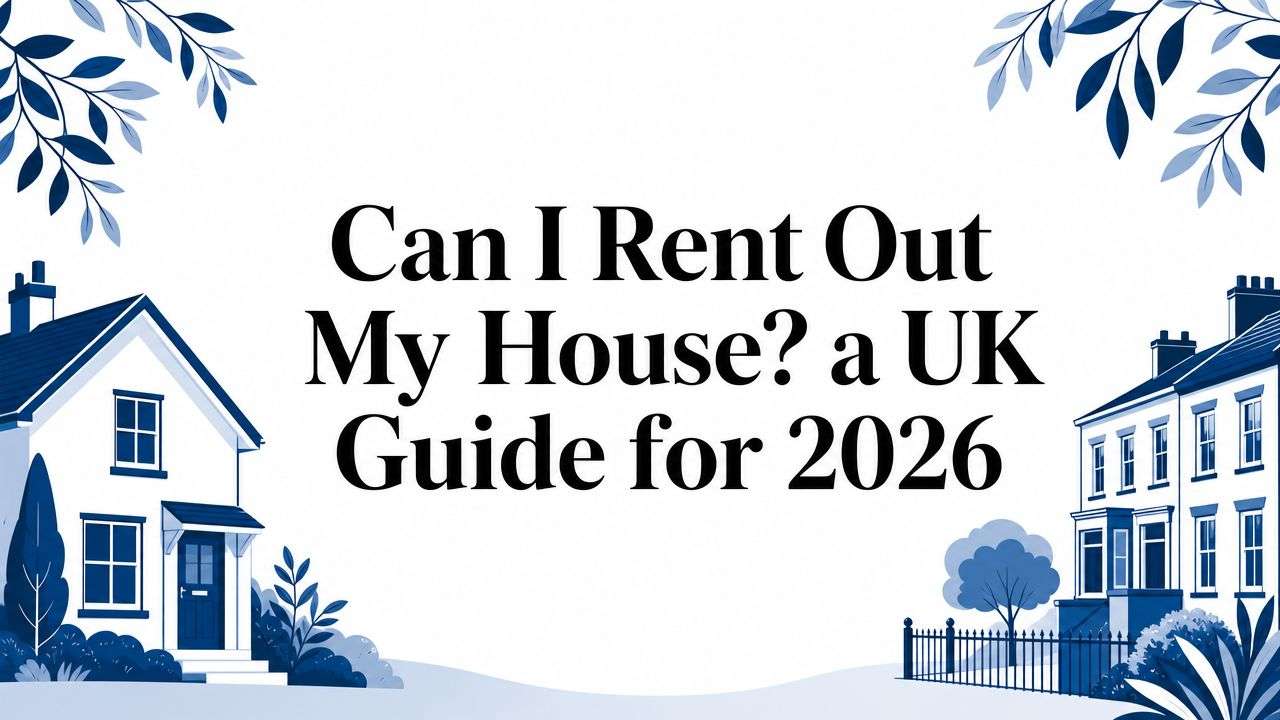 Blue-toned hero illustration with houses on the left and right and leafy branches, featuring the title: 'Can I Rent Out My House? a UK Guide for 2026' — conveys article topic.