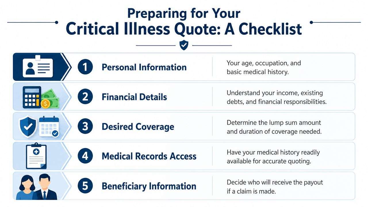 A checklist infographic outlining five essential steps to prepare for a critical illness insurance quote application.