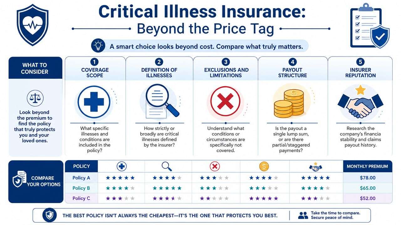 A guide explaining how to choose critical illness insurance by comparing coverage, definitions, exclusions, payouts, and reputation.