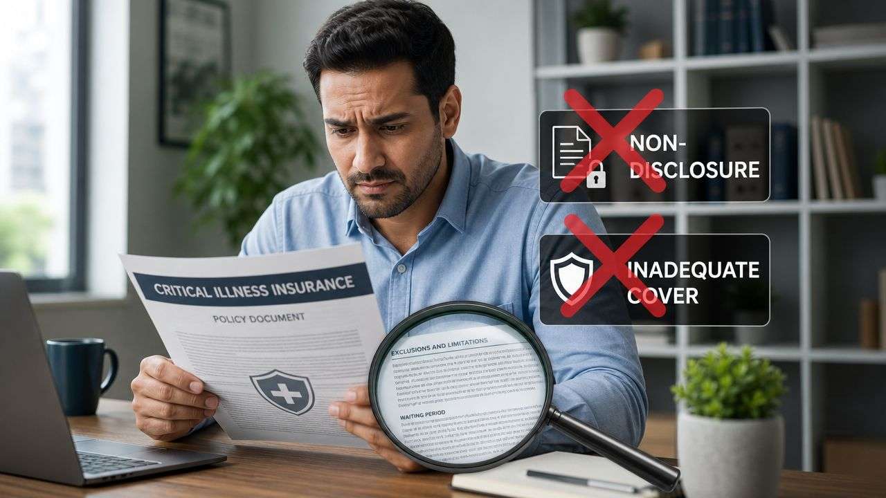 A concerned man reviewing a critical illness insurance document while using a magnifying glass to check details.