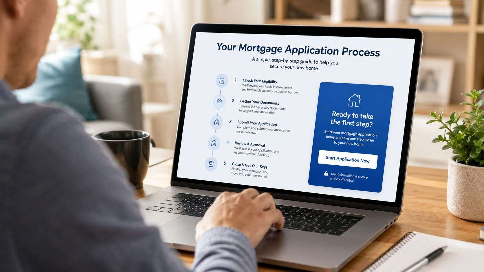 A person using a laptop to view a step-by-step mortgage application process guide on a screen.