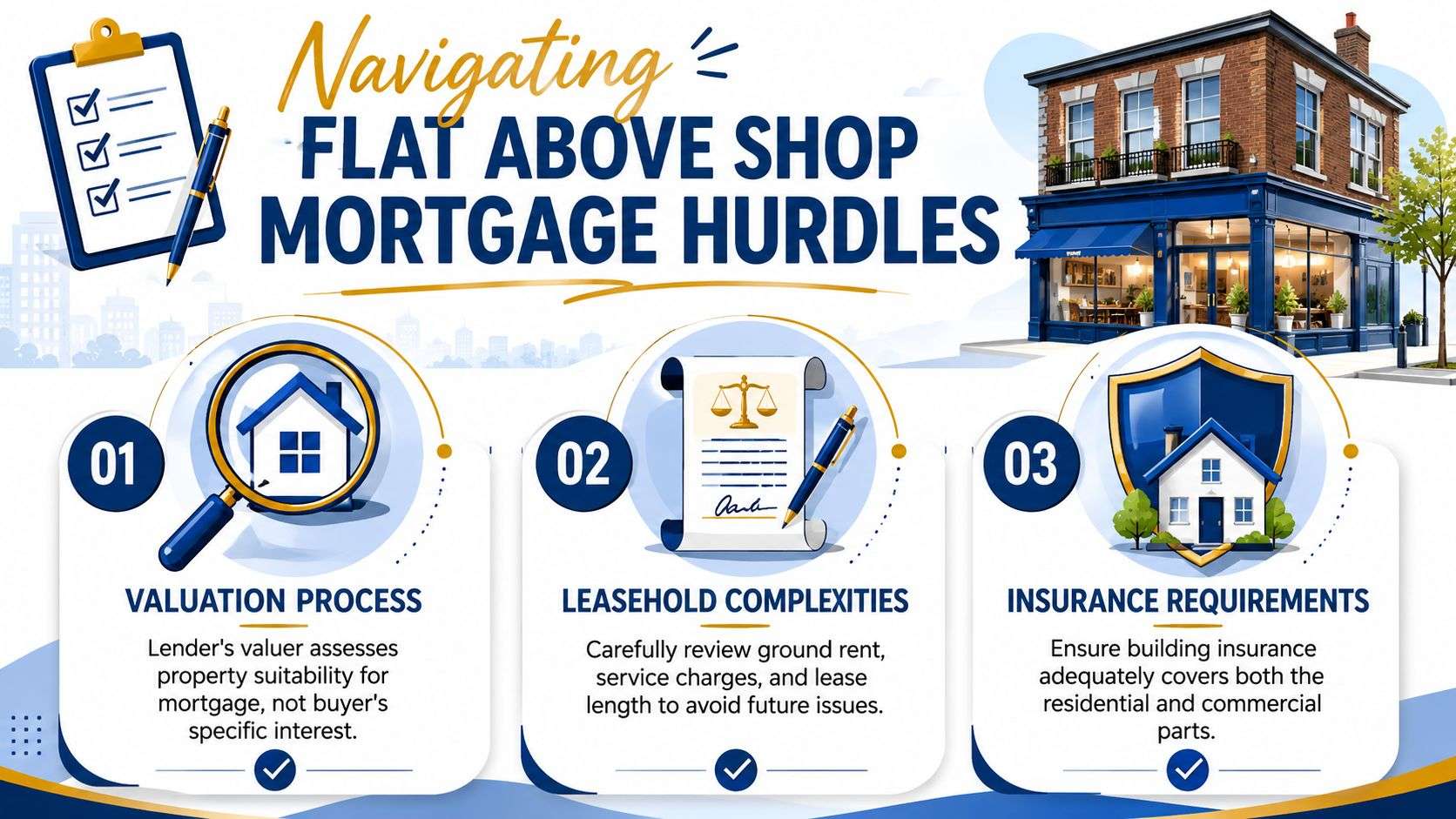 An infographic illustrating three key mortgage hurdles for buying a flat located above a retail shop.