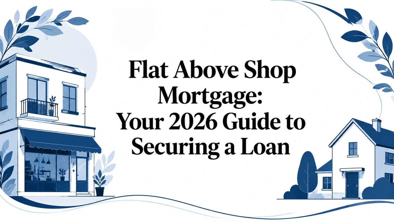Blue-toned illustration of a storefront on the left and a house on the right with leafy accents, centered by the bold title “Flat Above Shop Mortgage: Your 2026 Guide to Securing a Loan.”