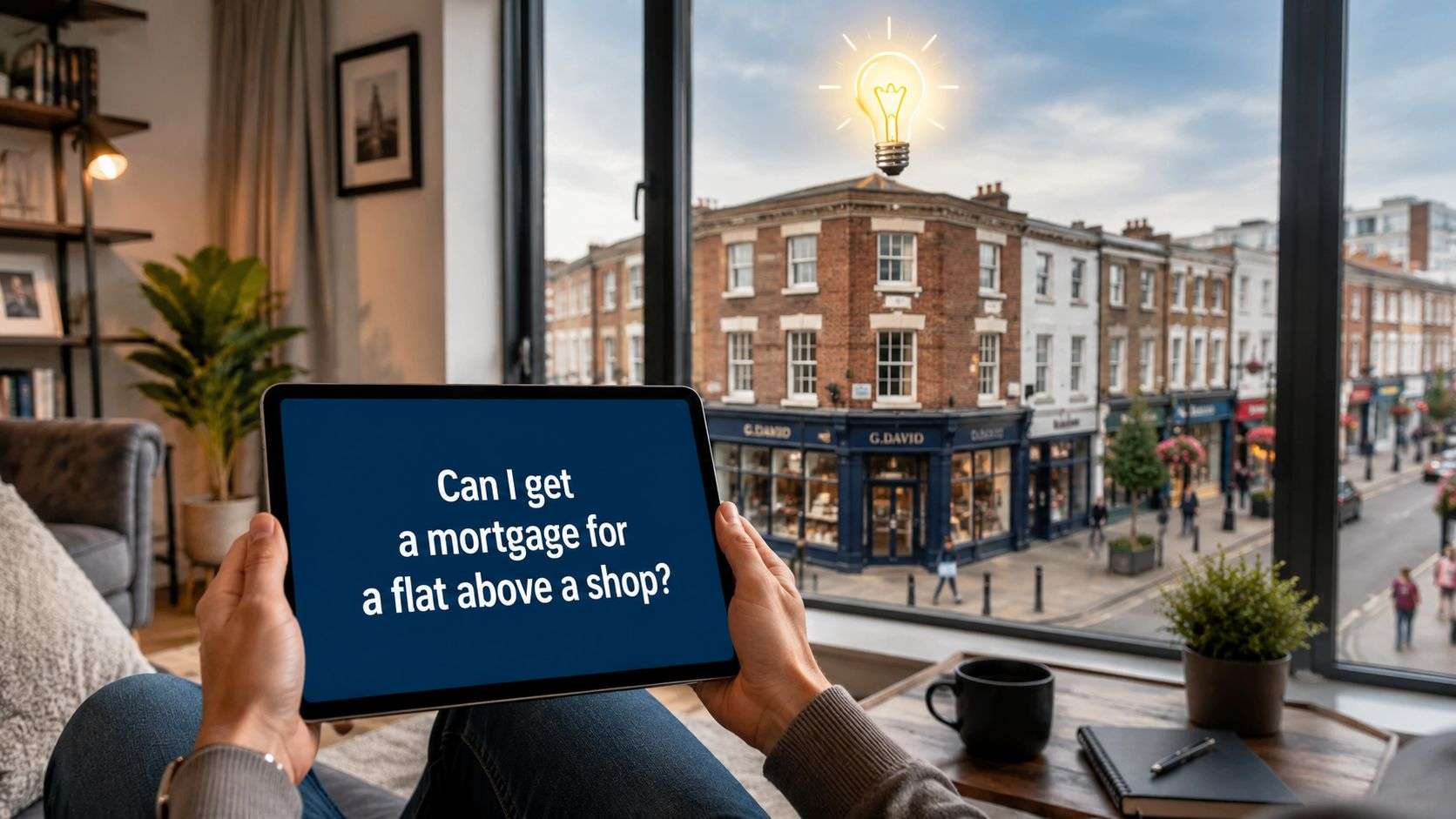 A person holding a tablet showing text asking about mortgages for a flat above a shop.