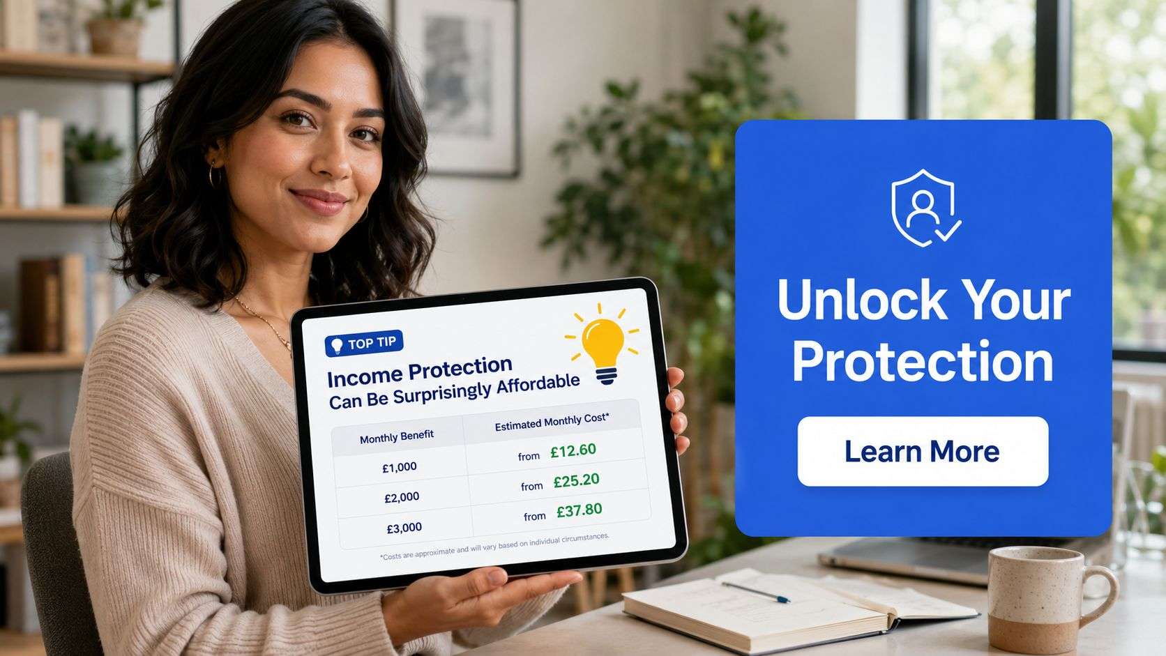 A woman holding a tablet showing an income protection insurance cost chart in a bright home office.
