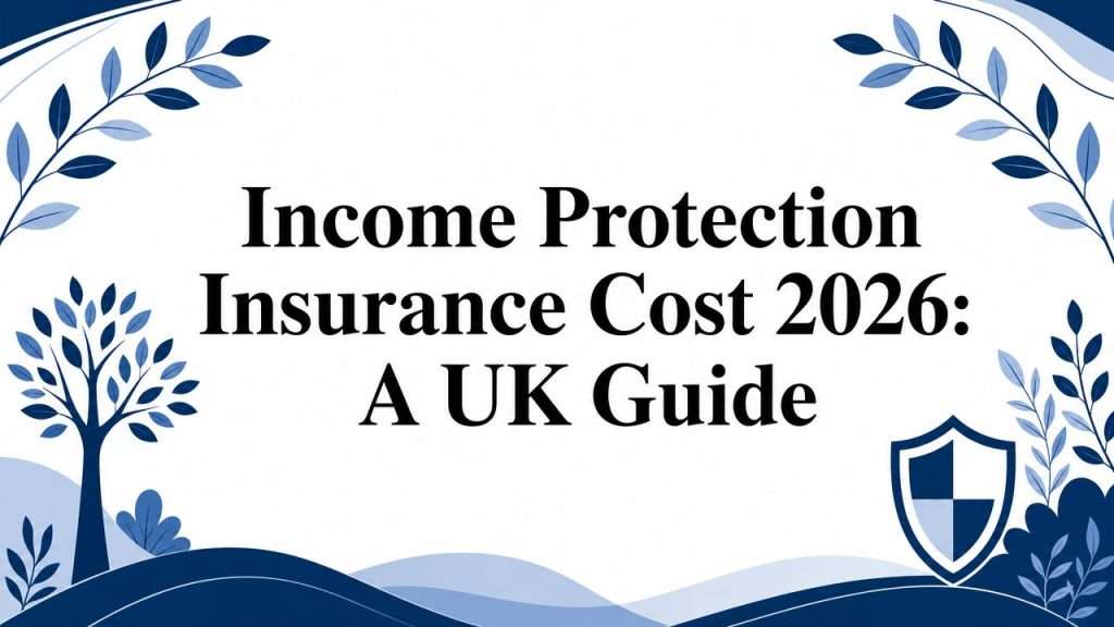 Informational banner about Income Protection Insurance Cost 2026: A UK Guide, with blue leaves and shield motif on a white background.
