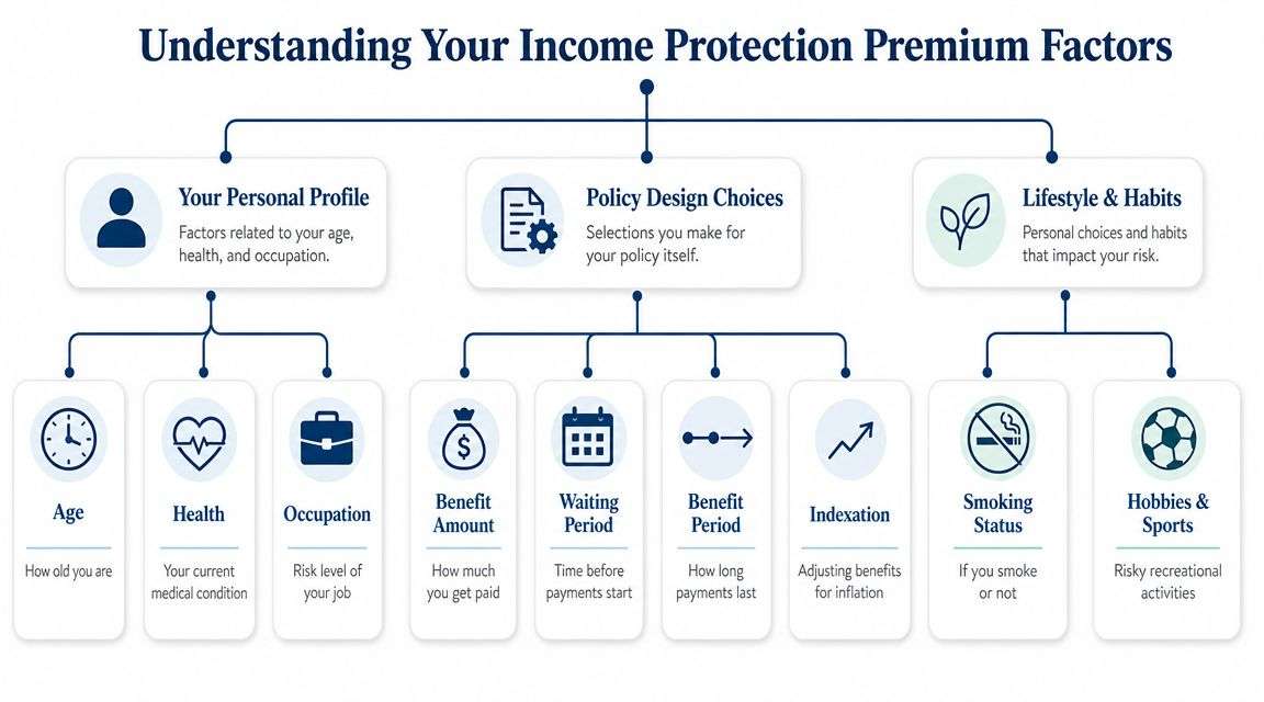 An infographic showing factors that influence income protection insurance premiums including personal profile, policy choices, and lifestyle.