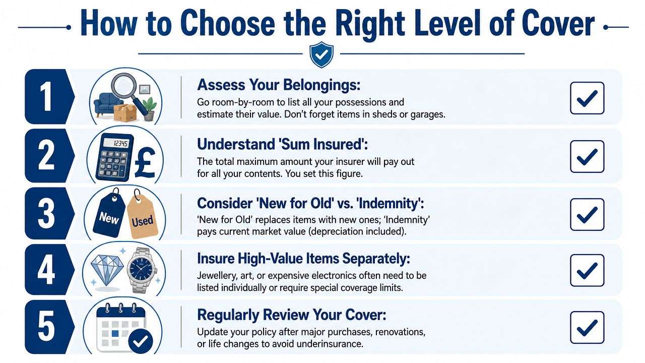A numbered infographic detailing five essential steps to choosing the right home and contents insurance cover level.
